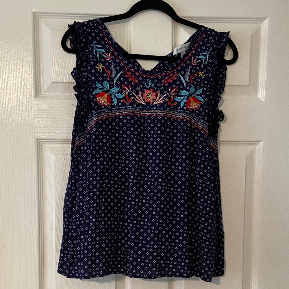 Grace & Lace Floral Embroidered Navy Blouse